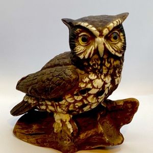 Vintage Homco Porcelain Brown Owl Perched on a Log Figurine